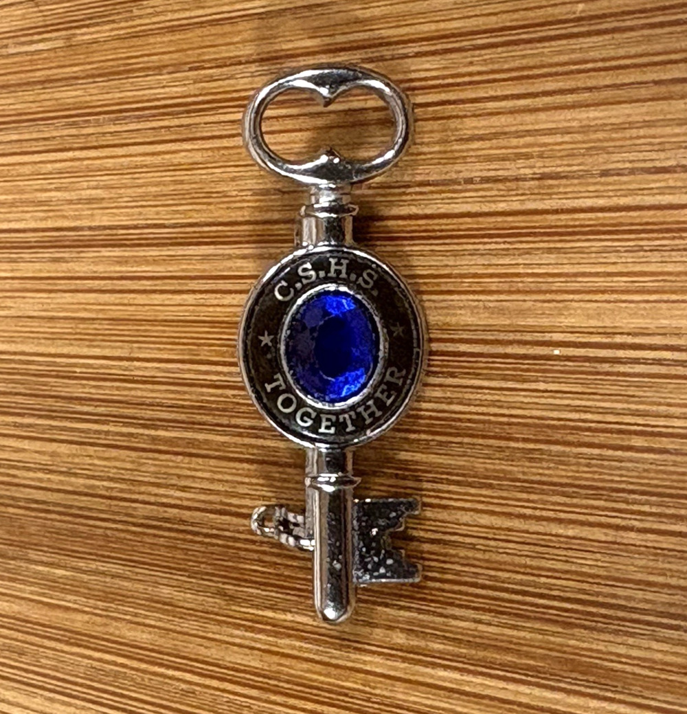 Key Brooch Silver Tone Blue Stone High School 1 1/4" 1970s CSHS Together Vintage